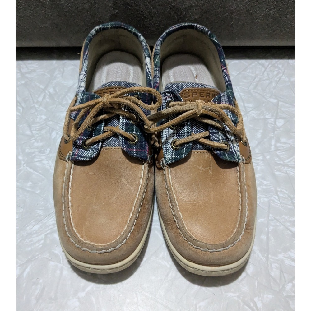 Sperry Top-Sider Women 8.5M Blowfish Plaid Leather Boat Shoes Tan Blue Coastal
